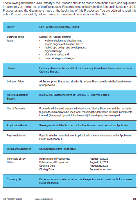 stocksondrocks's tweet image. One Great Studio Company Limited (@onegreatstudio ) has released its Offer for Sale and IPO Prospectus. 

Here's a #SOTRSummary:

-Listing Price: $1.00
-Opening Date: August 28, 2023
-Total raise: J$339 million
-Broker: @BaritaLimited 
-Link: onegreatipo.com