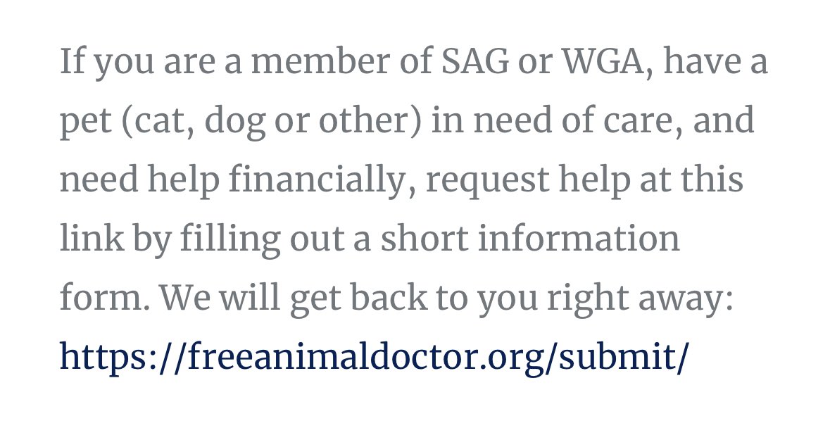 Can you help .<a href="/sagaftra/">SAG-AFTRA</a> <a href="/WGAWest/">Writers Guild of America West</a> <a href="/WGAEast/">Writers Guild of America East</a> pets
or
Are a member who needs help with your pet?
Non-profit #FreeAnimalDoctor sends $ directly to vets &amp; they take NO fees, so every💵donated helps strike🐶🐱receive much needed care
Please spread the word: freeanimaldoctor.org/campaigns/fwp/ #1u