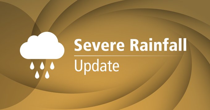 Graphic with a brown background with white text that reads "Severe rainfall update" A pictogram of a rain cloud is on the left side.