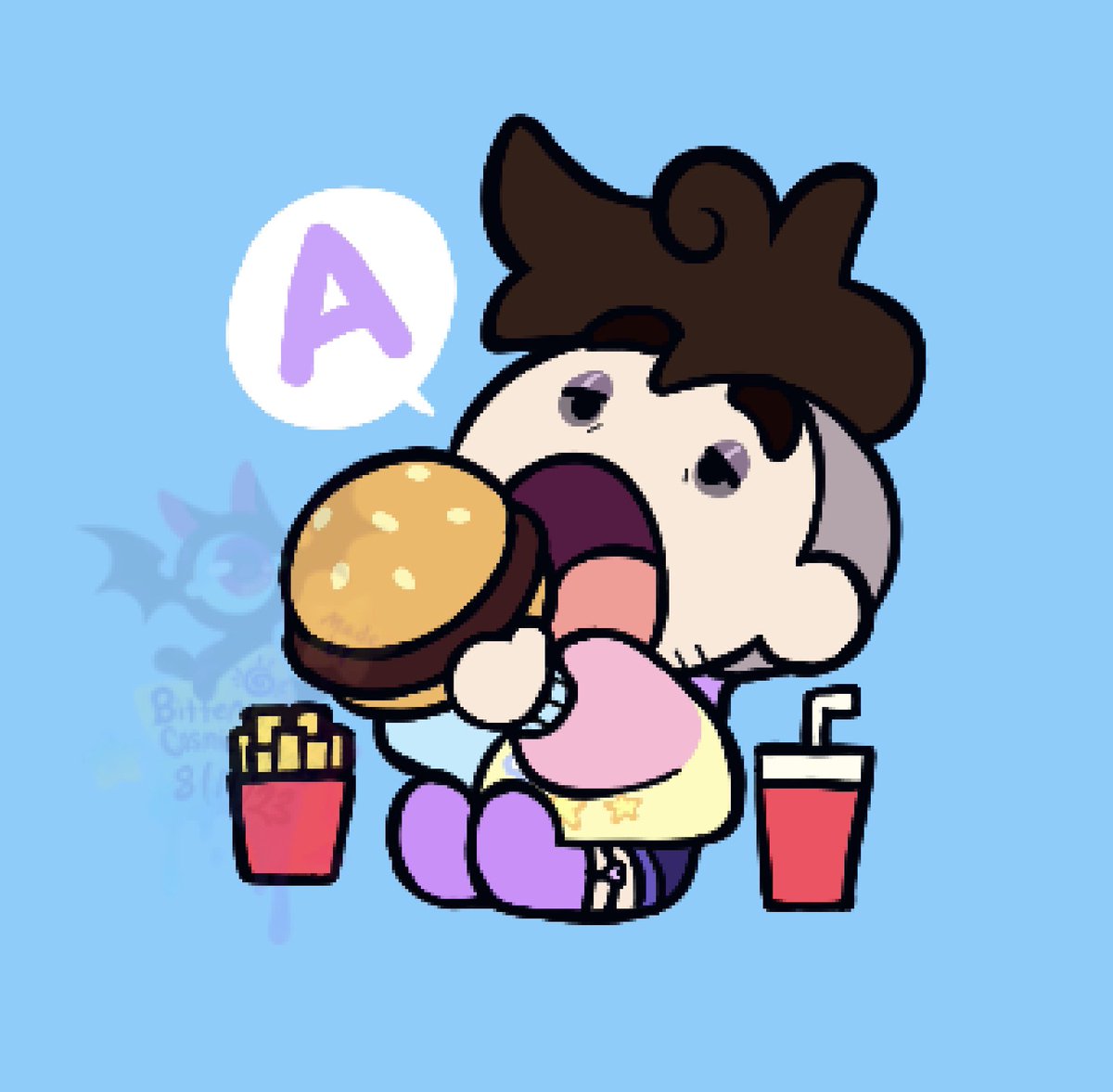 1boy male focus food blue background burger solo open mouth  illustration images
