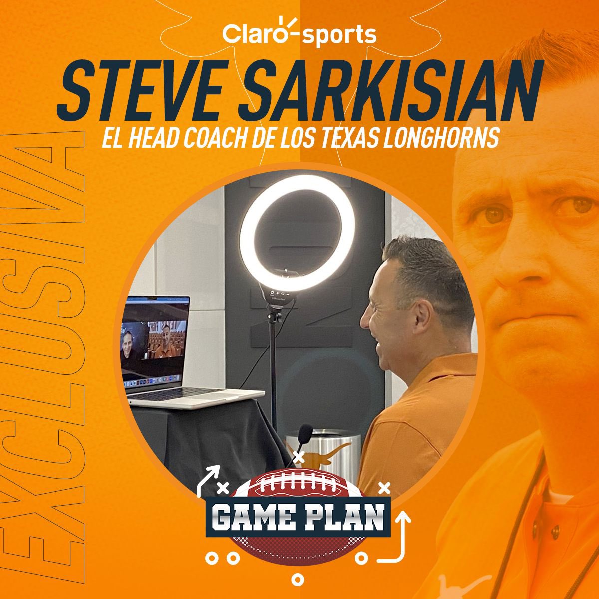 Cleriga's tweet photo. GAME PLAN esta noche entrevista EXCLUSIVA con @CoachSark GRACIAS COACH
@TexasFootball 
8:30pm Méx
En @ClaroSports @ClaroVideoMx 
Rumbo a la Temporada 2023 🏈
#FelizViernes #HookEm #Longhorns @McConaughey 
🇲🇽🏈🇺🇸 https://t.co/Xe6KrVbTYD