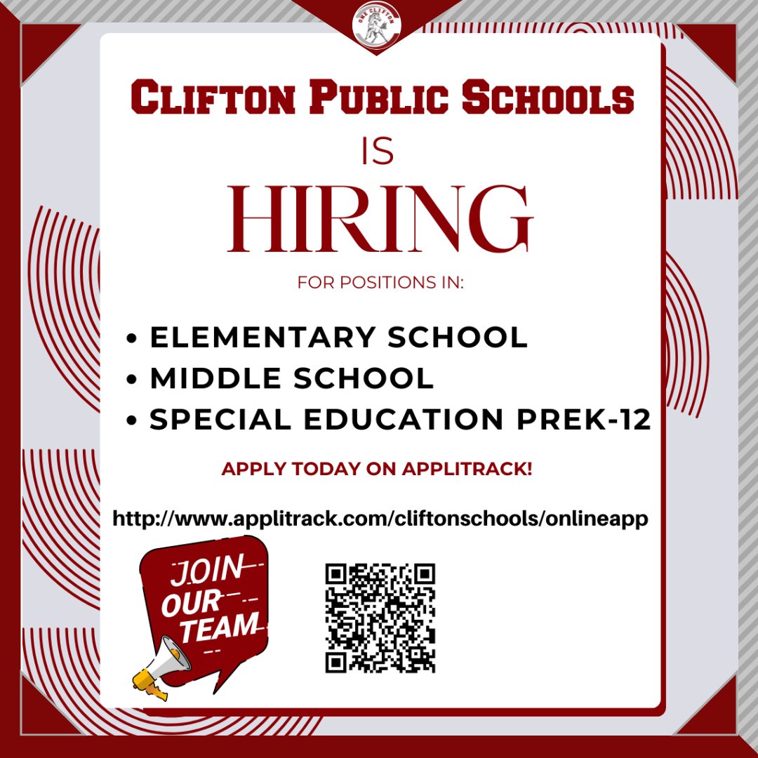 Clifton Public Schools is Hiring:
🔵 Elementary School
🔵 Middle School
🔵 Special Education PreK-12

Apply today on Applitrack!
applitrack.com/cliftonschools…

#OneClifton