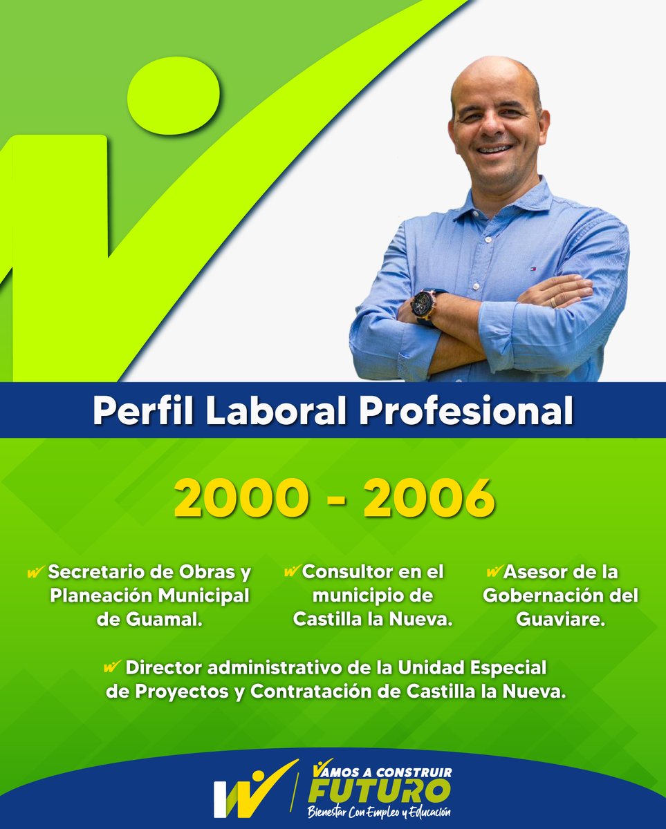 WMedinaCaro's tweet photo. #WAlcalde | Son 23 años de experiencia en el sector público en diferentes roles de liderazgo y gestión. Mi profundo amor por Castilla la Nueva y experiencia serán activos valiosos para construir el futuro de nuestro municipio. #BienestarConEmpleoYEducación #VamosAConstruirFuturo https://t.co/nXpAxwns82