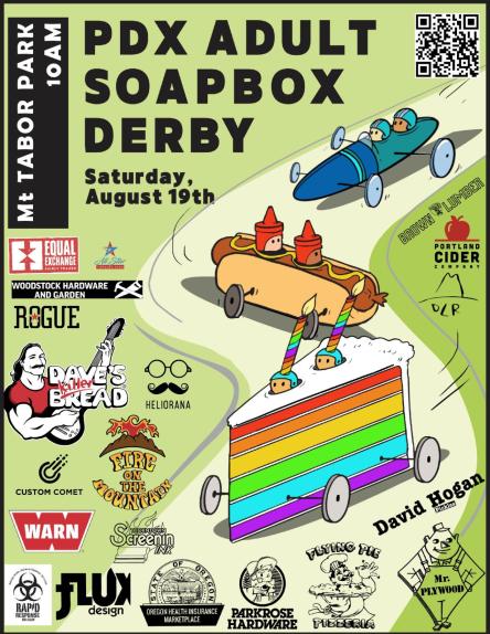 PDXSoapboxDerby's tweet photo. The 2023 PDX Adult Soapbox Derby is Saturday, August 19th, from 10:00am-4:00pm 🏎️💨🏆  

Make sure to get there early to grab a nice viewing space &amp; be kind to each other 😎✨ There will be food, beer/cider &amp; NA drink vendors!   For more info, check out the website in our Bio! https://t.co/rxuUtezWs0
