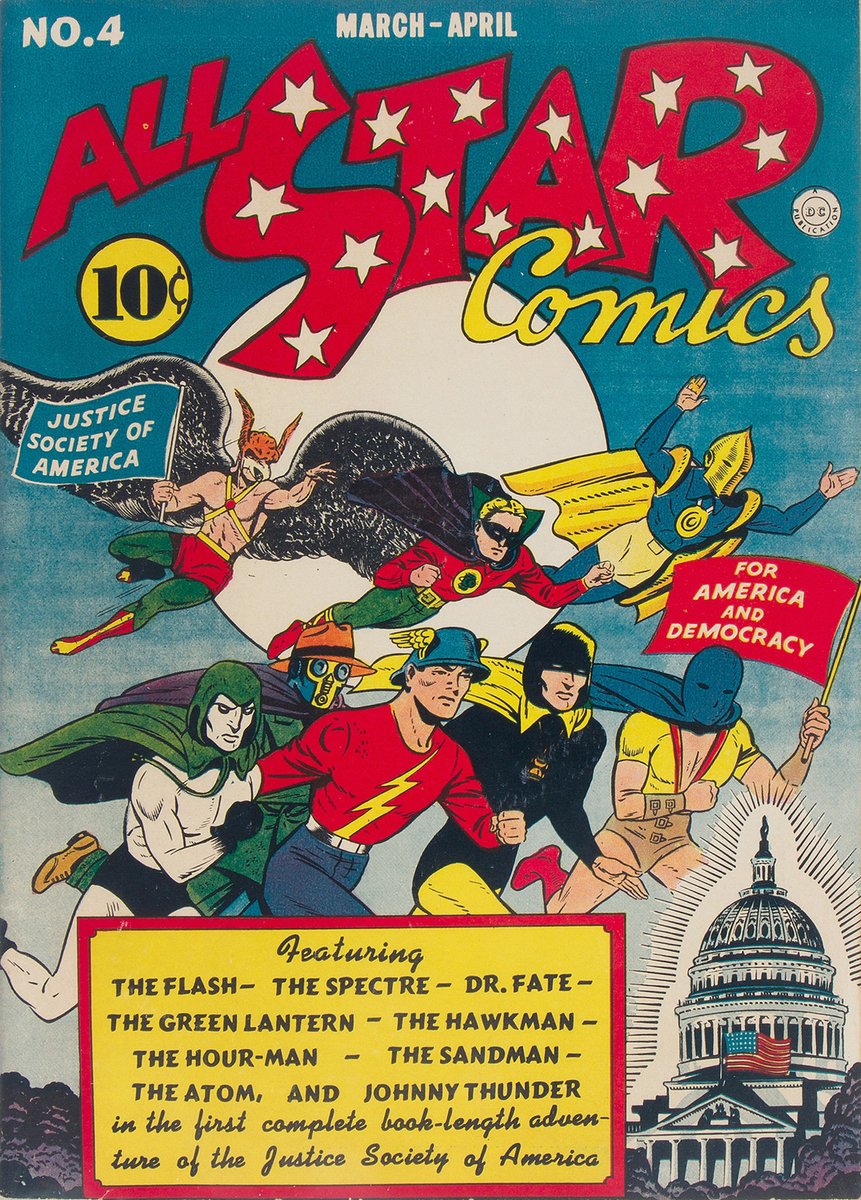 Latest commission-- A horizontal version of All-Star Comics #4, with three more characters added. I had to do some rearranging! If you think Flash runs funny, I just assumed he could speed-walk and still beat everyone.