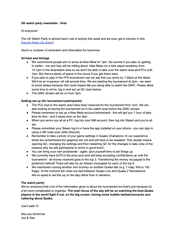 derelict85's tweet image. FINAL PUSH on the QWC UK Watch Party, which is happening TOMORROW at New Meta in London. 

Leaving the reg form up and attaching final info sent to attendees below.

Register: forms.gle/zx5ALCP5EowApT…
More info: 
Prize pool: streamlabs.com/derelict85

GLHF!