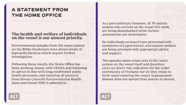 dave43law's tweet photo. So it is now 10.25pm over 9hrs since the news broke about legionella on the Bibby Stockholm

BRAVERMAN - SILENCE
JENRICK - SILENCE
SUNAK - SILENCE
PM OFFICE - SILENCE
HOME OFFICE - Insignificant statement

Do they actually govern?
#ToriesOut400 #GeneralElectionNow https://t.co/AL5p5jcfKA