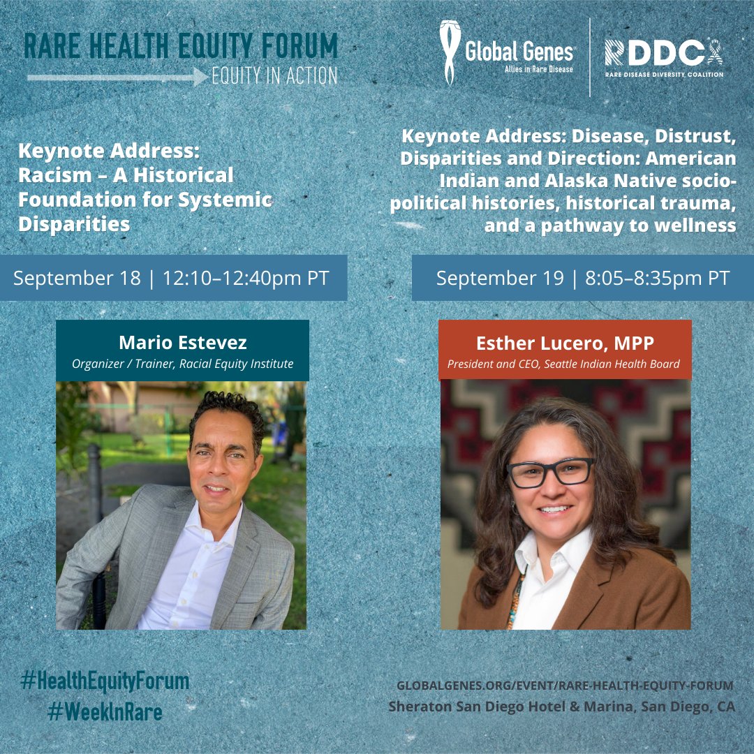GlobalGenes's tweet photo. The keynote speakers at the RARE Health Equity Forum: Mario Estevez & Esther Lucero, will both examine the historical aspects of racial and cultural inequities in healthcare. To read more: https://t.co/xfmHrAGARa
#HealthEquityForum #RDDC #SanDiego #DiversityandInclusion https://t.co/VbAKbtjgxo
