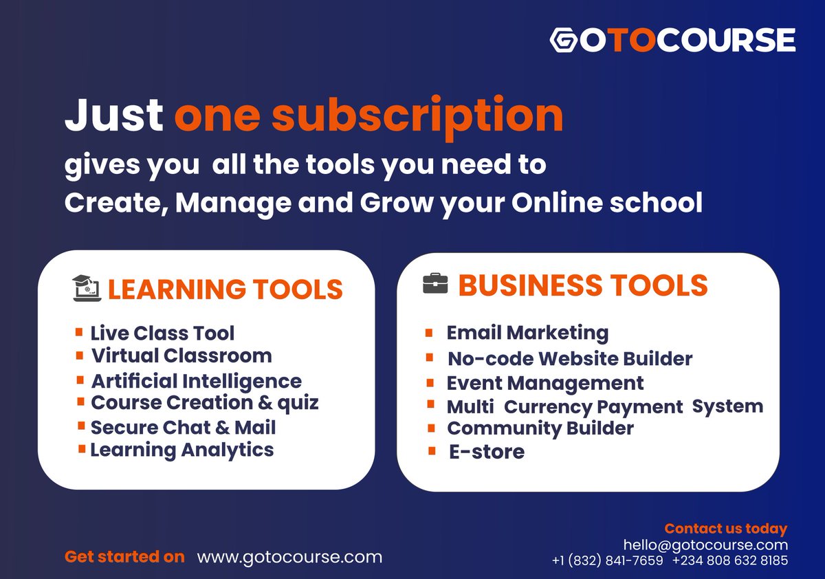 mygotocourse's tweet image. Get all the tools you need to create, manage and grow your online school in one-place, and say goodbye to paying multiple subscription fees.

You get to enjoy all the listed tools at no extra cost nor hidden charges.💯

#Gotocourse #OneSubscription #OnlineSchool