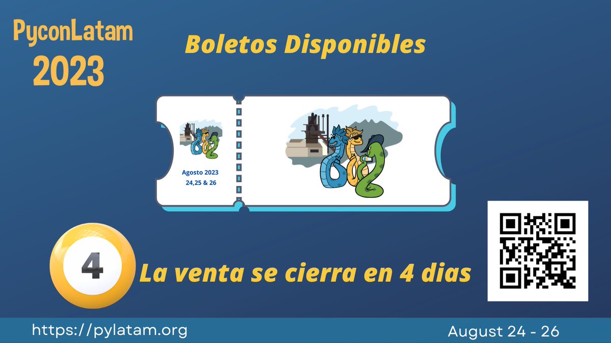 PyLatam's tweet image. 🚨Quedan solo 4 días🎉

Últimos días para adquirir tus boletos de #PyConLatam23🎟️

¡No pierdas la oportunidad de ser parte de este emocionante evento presencial en Monterrey, México! 🌮🇲🇽

Compra tus boletos ahora en:👇🏽
pylatam.org

#PyConLatam
#PyCon
#Python🐍