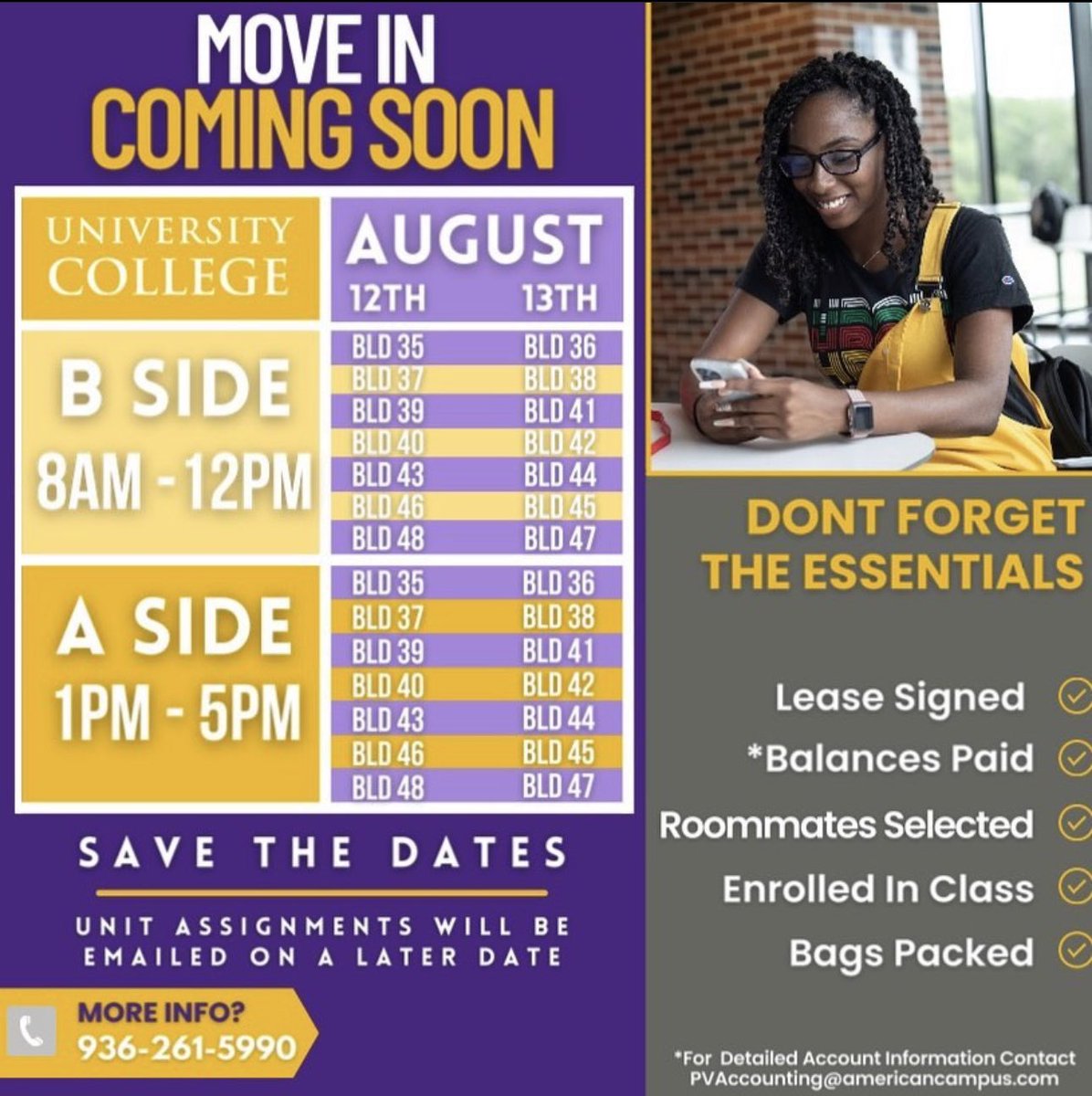 P3Pvamu's tweet photo. Hey class of ‘27!! 💜 Move in day is approaching fast! 📆August 12th &amp; August 13th. 👀Look out for more information via our social media, and your email. See you soon! 🐾 #pvamu #pv27 #p3mentors  #ExcellenceLivesHere
@pvamu https://t.co/8y9QevhAGW