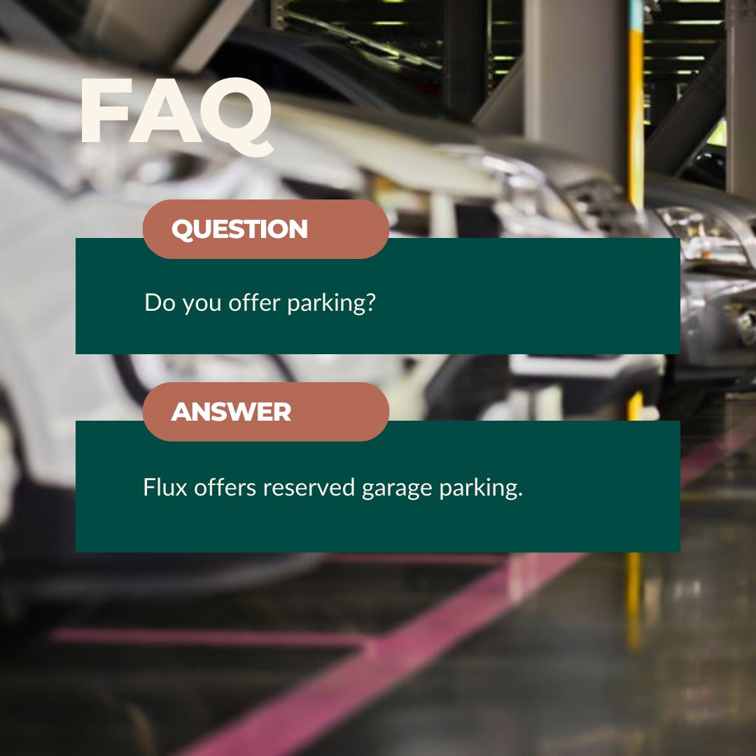FluxApartments's tweet photo. FAQ Friday!

One of our Frequently Asked Questions is do we offer Parking? Flux Apartments offers reserved garage parking for residents. 🚗

To learn more about our parking and to view more of our FAQs, follow the link below!
▪️
▪️
https://t.co/itBFh4gsaF https://t.co/1wihBck3xU