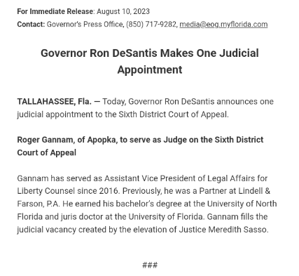 AnnaForFlorida's tweet photo. ICYMI: Gov. Ron DeSantis has named a known anti-LGBTQ+ extremist to the appeals bench of Central and Southwest Florida.

Roger Gannam works for the Liberty Counsel, an evangelical organization that the Southern Poverty Law Center lists as an extremist hate group. https://t.co/CUfO59KzKn