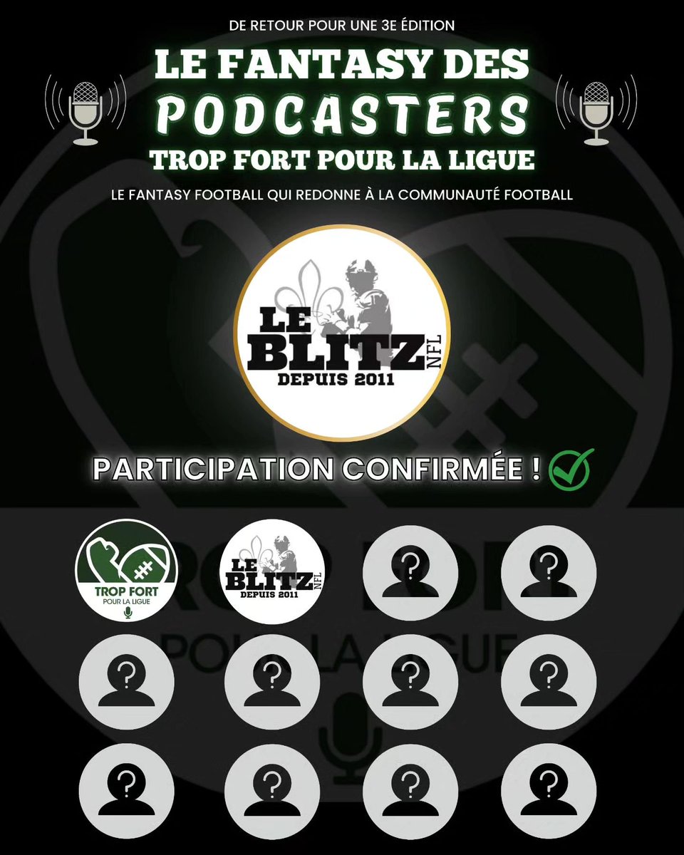 TFPLLFootball's tweet photo. Nous débutons la présentation des participants de cette 3e édition du Fantasy des Podcasters avec @LeBlitzNFL  !

𝐒𝐮𝐢𝐯𝐞𝐳 𝐋𝐞 𝐁𝐥𝐢𝐭𝐳 𝐍𝐅𝐋 𝐬𝐮𝐫 :

- https://t.co/Z8xMVAkT7z
- les plateformes de podcasts
- twitch

#football
#fantasyfootball
#fantasydespodcasters https://t.co/B5DZDFAgDI