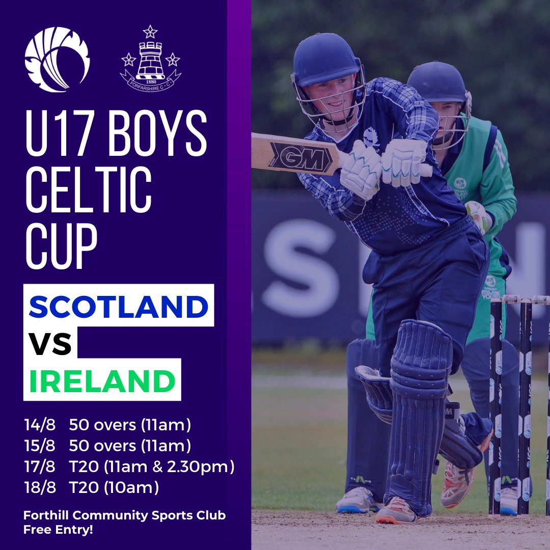 INTERNATIONAL CRICKET

We are delighted to be hosting the u17 Boys Celtic Cup at Forthill next week.

5 matches over 4 days in 50 over &amp; T20 formats, it’s set to be an exciting week at Forthill.

Free entry! Come along and see some of the best emerging talent in Scottish Cricket!