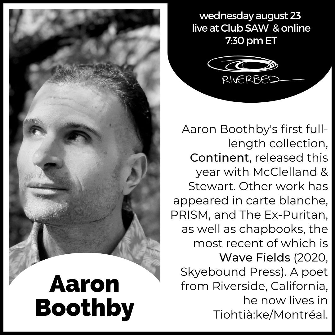 Place, land, climate, culture—they tie up all our lives, but can be challenging to talk about. Find out how @ellipticalnight approaches the conversation in his stunning new collection Continent at our next iteration on August 23 at <a href="/SAW_Centre/">SAW</a>. More info riverbedreads.ca/s4