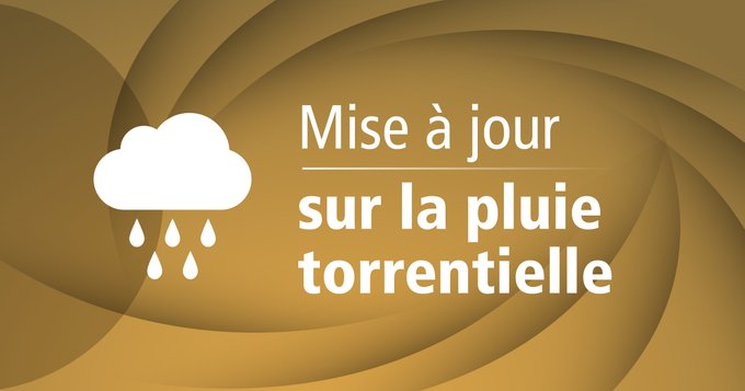 Graphique sur fond mauve avec un texte blanc indiquant « mis à jour de la pluie torrentielle ». Un pictogramme représentant un nuage de pluie se trouve sur le côté gauche.