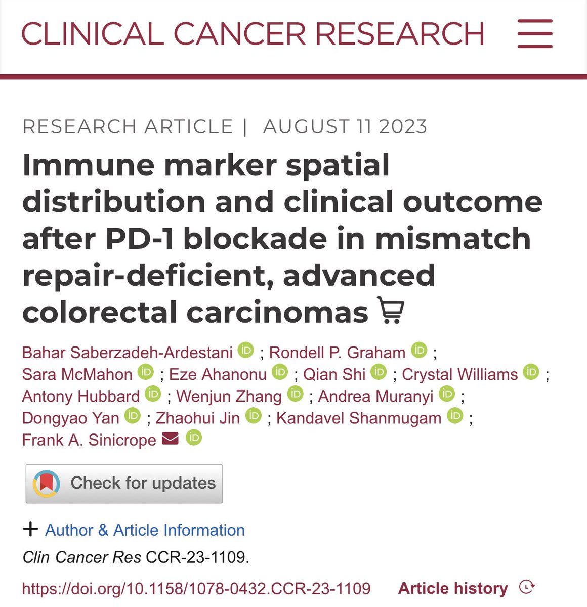 PD-1 and PD-L1 proximity, shown by immunofluorescence, can predict response and survival after PD-1 blockade in mismatch repair-deficient, advanced colorectal carcinomas. These data suggest a potential predictive biomarker. #Immunotherapy aacrjournals.org/clincancerres/…