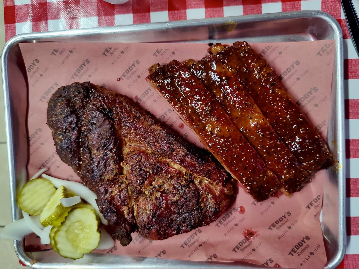 On the road at 4:30am and just hit our first stop with an excellent selection from <a href="/TeddysBarbecue/">Teddy's Barbecue</a> 
Crispy skin pork belly, hatch chili sausage, lean brisket, pork steak, ribs, brussel sprouts, Mac and cheese, beef fat cookie, and banana pudding