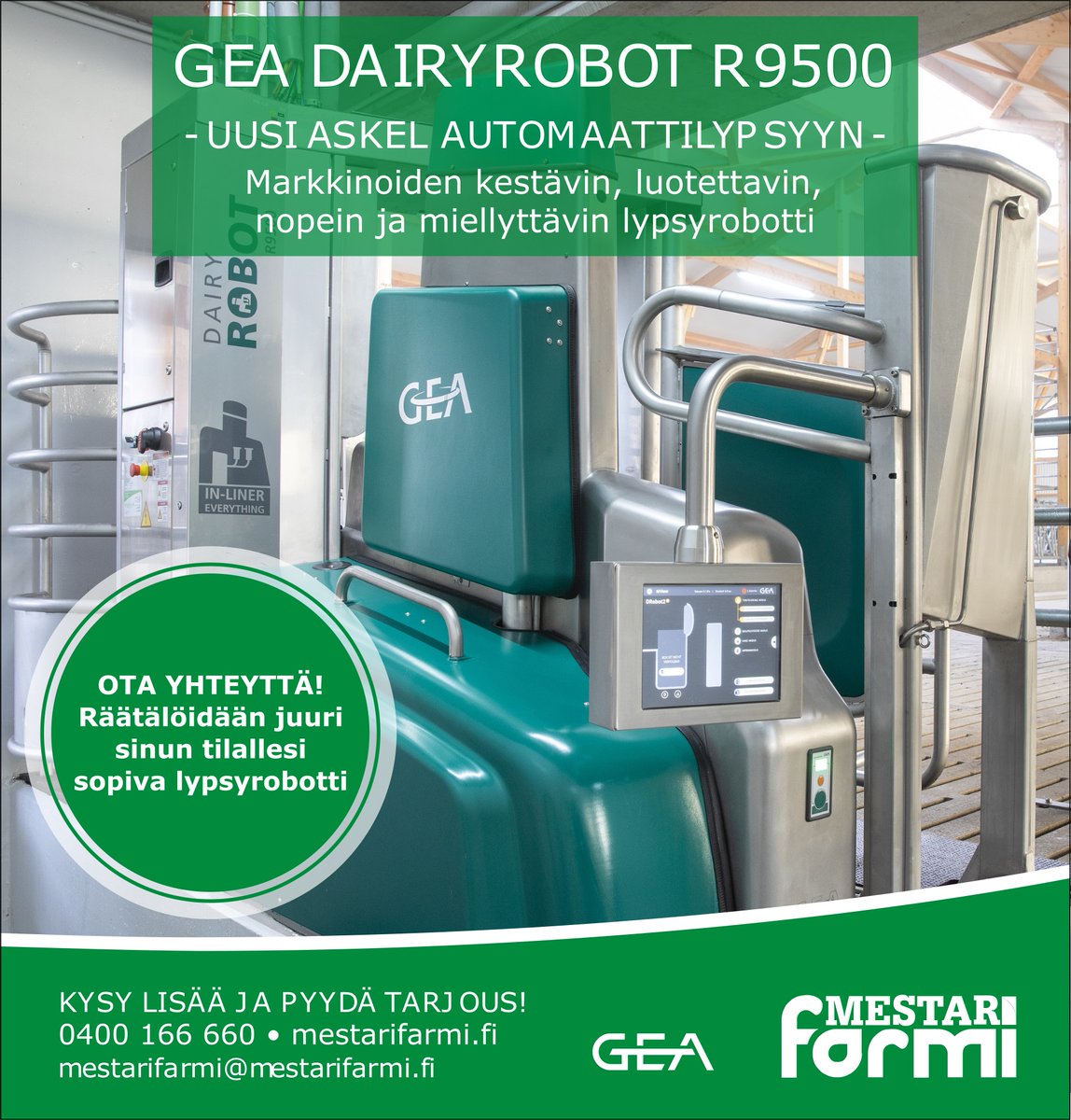 Mestarifarmi's tweet image. GEA lypsyrobotti.
Ota meihin yhteyttä, niin räätälöidään juuri sinun tilallesi sopiva lypsyrobotti.
#DairyRobotR9500
#Edition2021
#DairyRobot
#GEA
#lypsyrobotti
#robottilypsy
#automaattilypsy
#Mestarifarmi
#pihatto