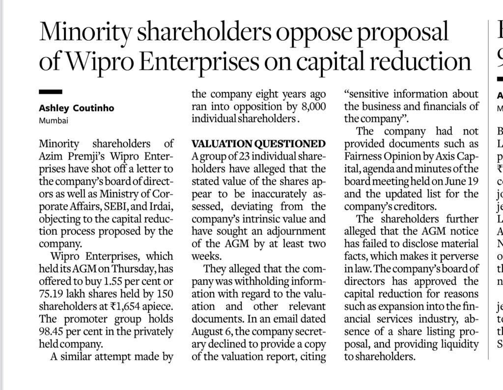 nimish_kenia's tweet photo. Minority Shareholders Shortchanged By Wipro Group! @PMOIndia @udaykotak @Swamy39 @suchetadalal @the_hindu @TheEconomist @CimGOI #unfair #wipro #NirmalaSitharaman #minorityshareholders @virsanghvi @kotakneo @livemint @nikhilkamathcio @businessline https://t.co/EA0n6j39dZ