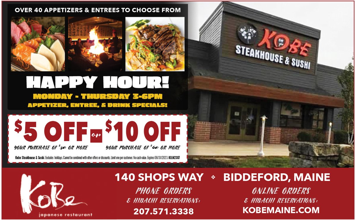 keepitlocalME's tweet photo. #Save on a #delicious #nightout at Kobe Steakhouse &amp; Sushi - #locallyowned &amp; serving up fresh #sushi &amp; the excitement of #hibachi cooking! Stop by 140 Shops Way in #Biddeford, call 207.571.3338, or click https://t.co/qfMvQowtm9. #eatlocal #drinklocal #happyhour #keepitlocalmaine https://t.co/H7UMLFVXX6