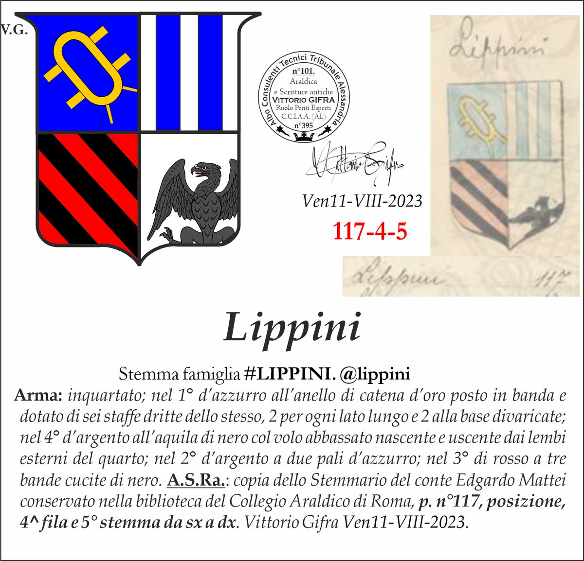 VGIFRA's tweet image. Stemma famiglia #LIPPINI. @lippini
A.S.Ra.: copia dello Stemmario del conte Edgardo Mattei conservato nella biblioteca del Collegio Araldico di Roma, p. n°117, posizione, 4^ fila e 5° stemma da sx a dx. Vittorio Gifra Ven11-VIII-2023.