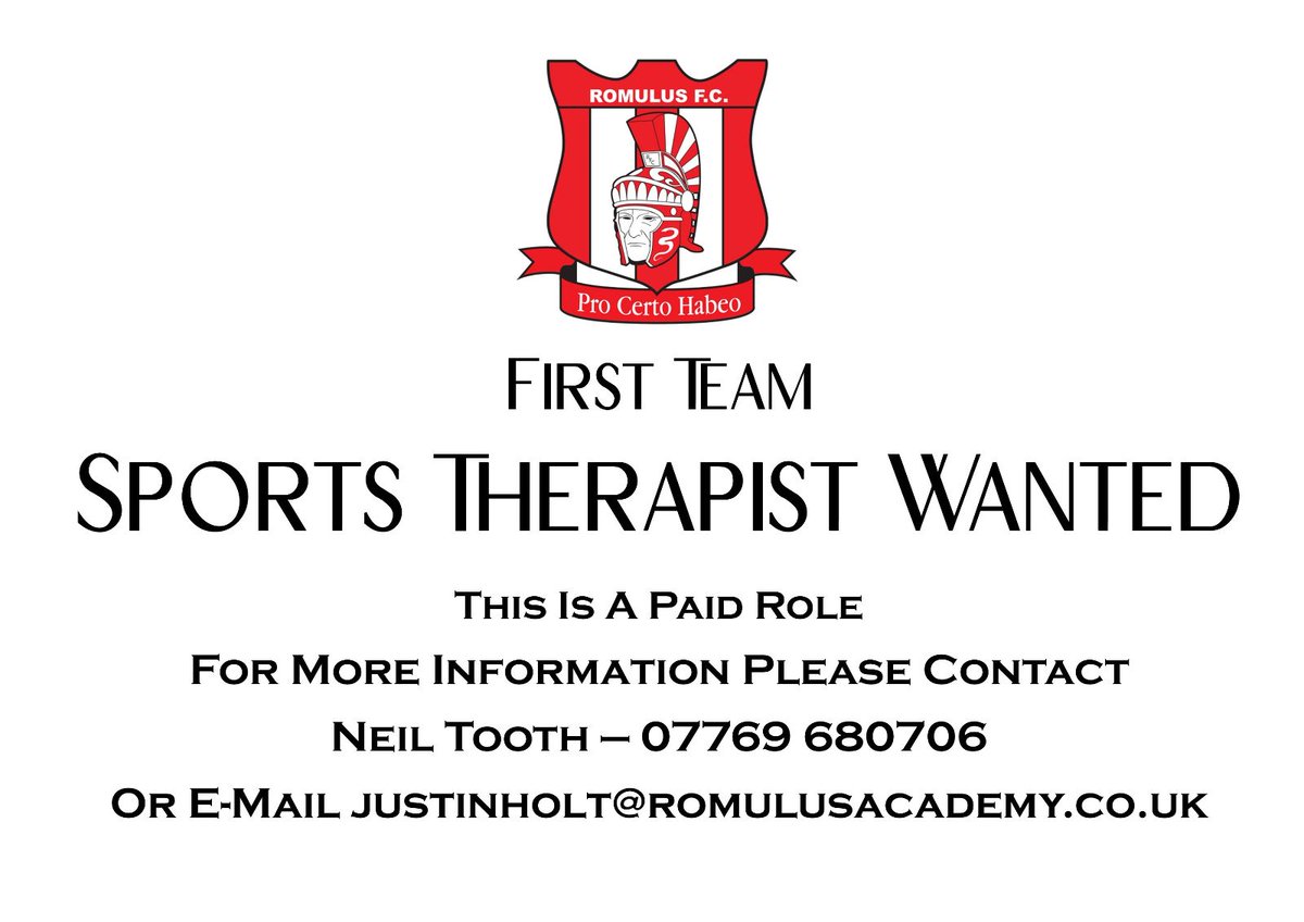 Romulus_fc's tweet photo. Our first team are looking for a Sports Therapist to join @Toothy1575's management team.

For further information please send us a DM or e-mail: justinholt@romulusacademy.co.uk 

@nonleaguevol @nonleagueroles https://t.co/t9qMmlXdX8