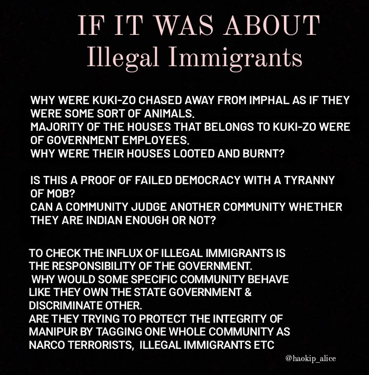 haokip_alice's tweet photo. #Manipur 
It was ethnic cleansing until they realized that the only way to justify themselves is to act like they are fighting against Illegal Immigrants and Narco Terrorism. 

Our Martyrs were beheaded, raped and killed because of their ethnicity.  Don’t you dare call their death were the caused of Narco Terrorism & Illegal Immigrants. 
@licypriya who always intimidate us with her international platform and other Kangleipak celebrities with massive followers recently portrayed that the violence is due to the reasons mentioned above. 
But what we go through is a state sponsored ethnic cleansing and with no sane people around, there is no way the Kuki-Zo will accept to be under the same Administration as them. 
Separation is completed, 
only political separation awaits.