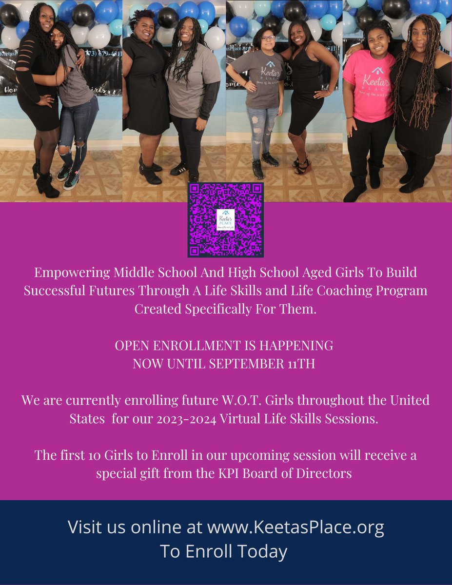 KeetasPlace's tweet photo. It is registration time!!! See our flyer! It will take you directly to the application. Reach out with any questions!

#openregistration #nonprofit #nonprofitorganization #youthempowerment #loveyounglife #KeetaPlace #WOTGirls #HomeOfTheWOTGirls #KPI https://t.co/r9OrOiJWmX