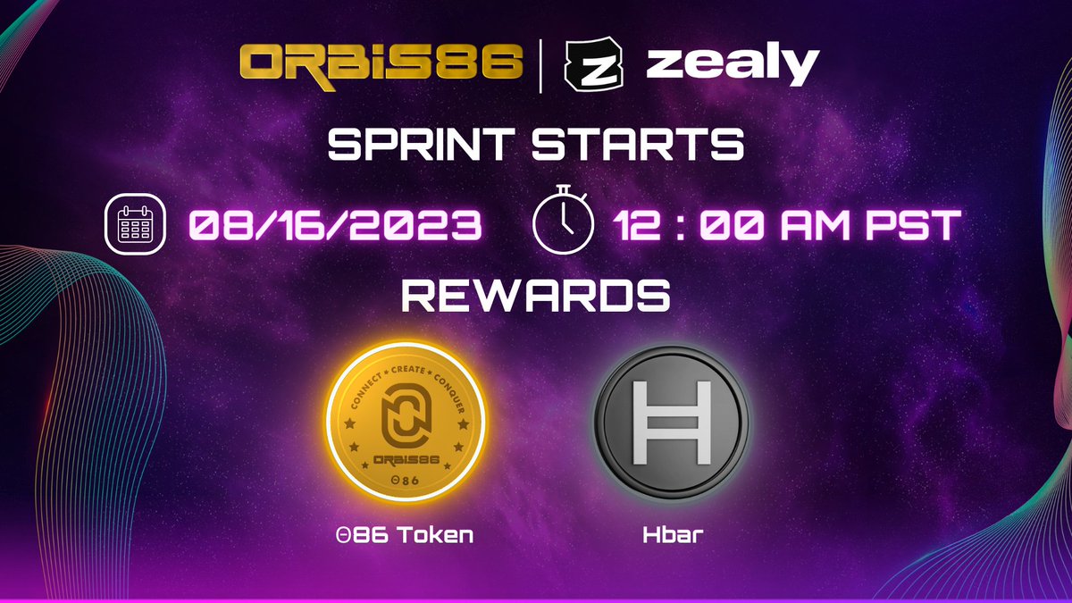 🌟 Get ready for the ultimate challenge! 
The ZEALY SPRINT kicks off on AUGUST 16TH. 🚀
🔥 Unleash your skills to win big with REWARDS in $Θ86Token and #HBAR.

Stay tuned: zealy.io/c/orbis86 🎉
Join our Discord for Details: discord.com/invite/orbis86

#Airdrop #Giveaway