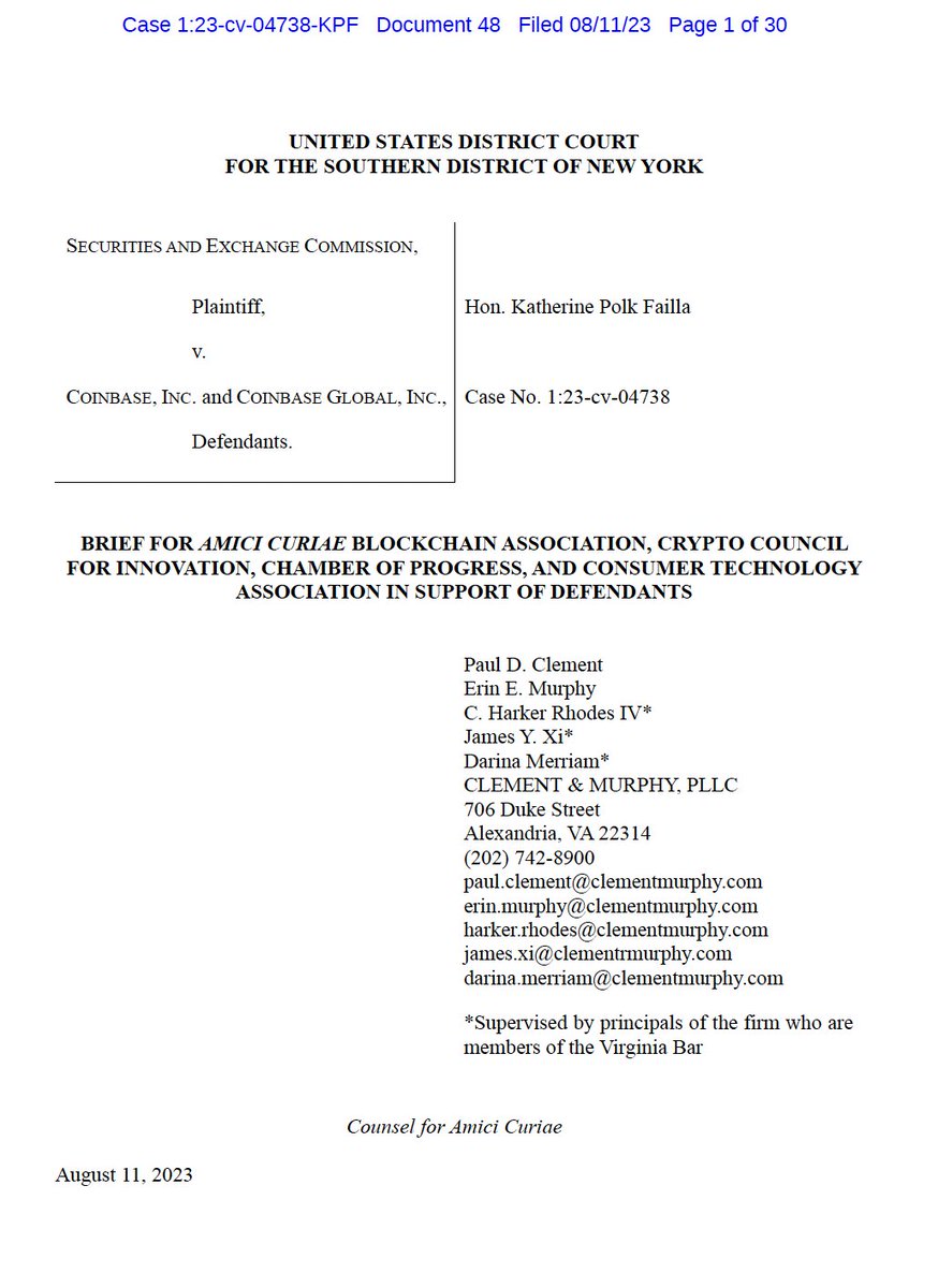 MTCoppel's tweet photo. 1/ @BlockchainAssn and @crypto_council filed a brief with @ProgressChamber and @CTATech supporting @coinbase against the SEC. 

We explain why the major questions doctrine precludes @SECGov from enforcing their interpretation of "investment contract." 🧵

https://t.co/3JohzZK2lW https://t.co/SrghLHpfmA