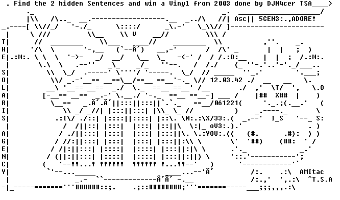 _TSA_Society_'s tweet photo. #Cowee with #evilbot " is an #ASCII #TextART #NFO #Entry done for the #digitalart #demoscene #festival named #Evoke in #Cologne in #2023
#tsa aka #thesolarisagency https://t.co/0MnfUgKWiX