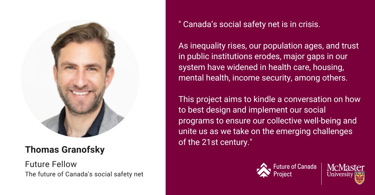 MacFutureCanada's tweet photo. What is the future of Canada's social safety net?

Future Fellow @granofsky is exploring how to best design social programs so they are ready for the challenges ahead. 

https://t.co/jsG8eYP2EZ 

#futureofcanadaproject https://t.co/xAQyw8Faw4