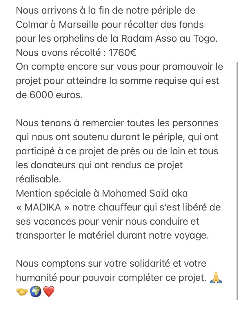 Msada_assoc's tweet photo. Arrivée : MARSEILLE ✅🎉

Colmar-Marseille, ensemble pour aider les plus démunis. 🤝🌍 https://t.co/WeVHqpZCob