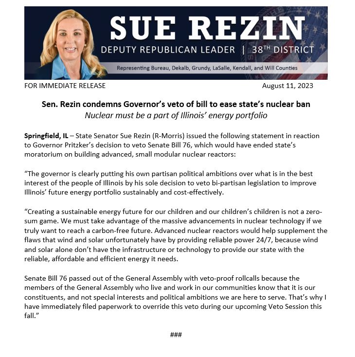 The Governor's decision to veto Senate Bill 76 is a short-sighted mistake. I have immediately filed paperwork to override this veto during our upcoming Veto Session this fall.