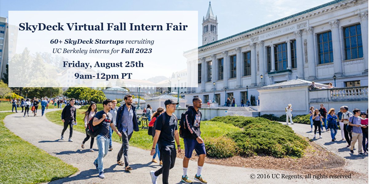 SkyDeck_Cal's tweet photo. Cal students! Looking to gain hands-on experience at a tech startup? Join SkyDeck's Virtual Fall Intern Fair on August 25 and interview with global startups from industries. Register now at https://t.co/NDNU76I4gg
#ucberkeley #studentinternship #startupinternship #techinternship https://t.co/ekR2PEFSsO