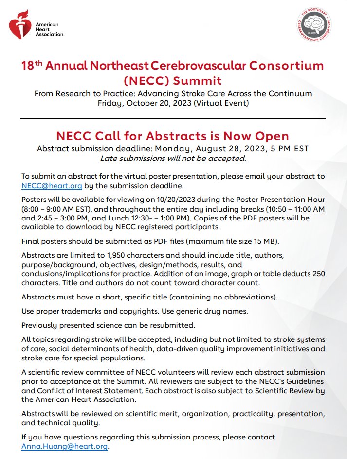 Kori S Zachrison, MD, MSc (@k_sauser) on Twitter photo Submit your stroke science to <a href="/theNECC/">The Northeast Cerebrovascular Consortium (NECC)</a> ! Abstract submission is open through 8/28. <a href="/AHAMeetings/">AHAMeetings</a> <a href="/Braindoc_MGH/">Dr. Lee Schwamm</a> Submit your stroke science to <a href="/theNECC/">The Northeast Cerebrovascular Consortium (NECC)</a> ! Abstract submission is open through 8/28. <a href="/AHAMeetings/">AHAMeetings</a> <a href="/Braindoc_MGH/">Dr. Lee Schwamm</a>