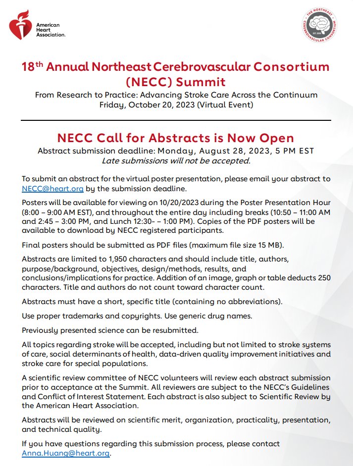 Submit your stroke science to @theNECC ! Abstract submission is open through 8/28. @AHAMeetings @Braindoc_MGH