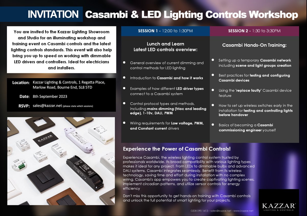 Here's one for all my electrician friends out there, we're doing a LED Lighting controls workshop with an intro to Casambi. 8th September 2023 @ Kazzar Lighting &amp; Controls Showroom.

kazzar.net/post/workshop-…