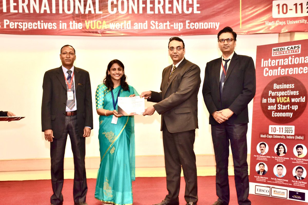 2307_parul's tweet photo. Elated to share that I have Received the Best Paper Award at Two days international conference held at Medi-Caps University Indore  on 10-11 August 2023. All the sessions were fully loaded with knowledge, information and the future perspectives of VUCA world. @conference2023 https://t.co/GyNGZDQKmj
