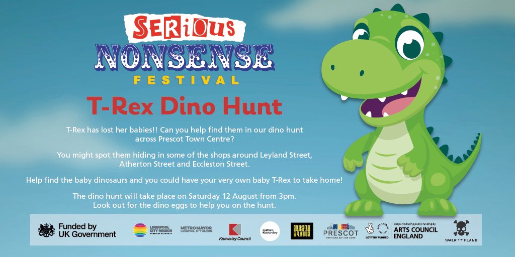 Tomorrow at the Serious Nonsense Festival in Prescot Town Centre 

Help T-Rex find her babies 🦖

#Seriousnonsensefestival #trex #dinosaurhunt  #Prescot #Knowsley #whatson