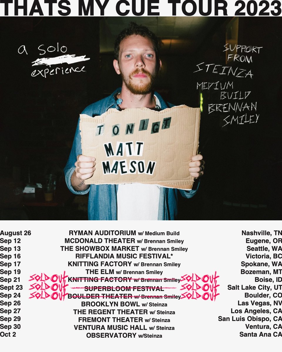 yo yo yo yo yo yo yo yo I’m heading out west with <a href="/steinzaaa/">steinza</a> and Brennan Smiley next month and we’ve all three agreed that we think you should come. Also finishing out August strong in Nashville at the Ryman with <a href="/Medium_Build/">Medium Build</a>. c u soon 😎 mattmaeson.com/tour