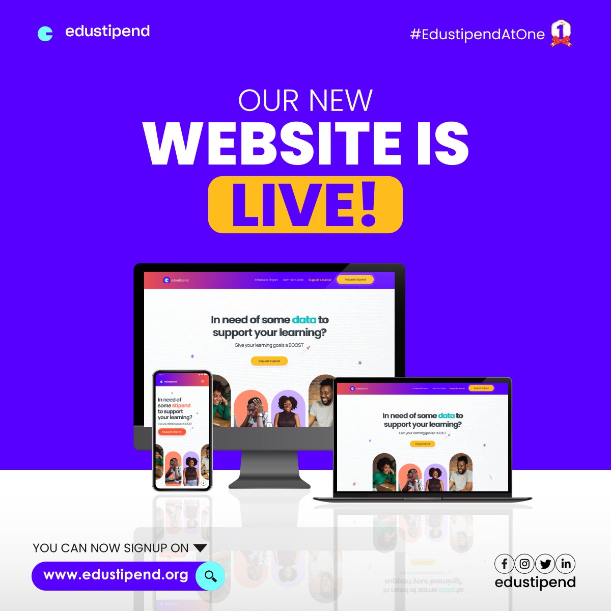 edustipend's tweet photo. Today is the D-day, the launching of the new and improved web app we have all been waiting for 🎉 🥳💃🏽🕺.
What next? Head over to https://t.co/cYJyUqeDaj to signup
Remember that this is one of the final steps to be a part of the laptop giveaway.
#EdustipendAtOne https://t.co/j9ve7IxAIJ