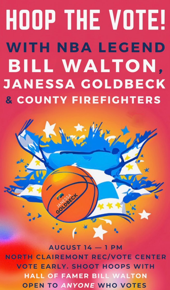 It’s time to vote! If you haven’t voted yet, join me, NBA Hall of Famer @BillWalton,  and off-duty County Firefighters to ‘hoop the vote’ this Monday, Aug 14. We’ll hit the voting booth then hit the courts! Lets do this, San Diego!

Details below: