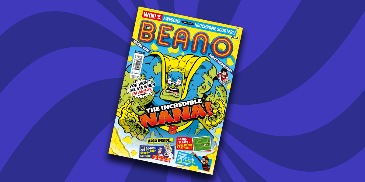 BeanoOfficial's tweet photo. It's #BeanoWednesday! 🍌

And this week, beware of the incredible nana!! No... not your gran!

We have a copy to give away to one lucky follower!

To enter:
➡️= Follow us.
♻️ &amp; ❤️= RT and like this tweet.
✍️= Reply with an emoji.

Comp closes at 4pm today. T&amp;Cs link in bio. https://t.co/USDnLIDzgn