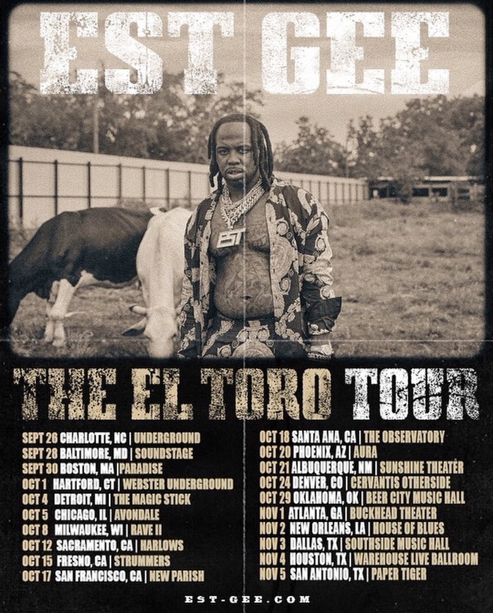 ESTGEE's tweet photo. "THE EL TORO TOUR" tickets available now……comment what city you coming to!!!!!

https://t.co/BCbHlAsBti

El Toro 2 August 18th I promise https://t.co/GIxdPitJUZ