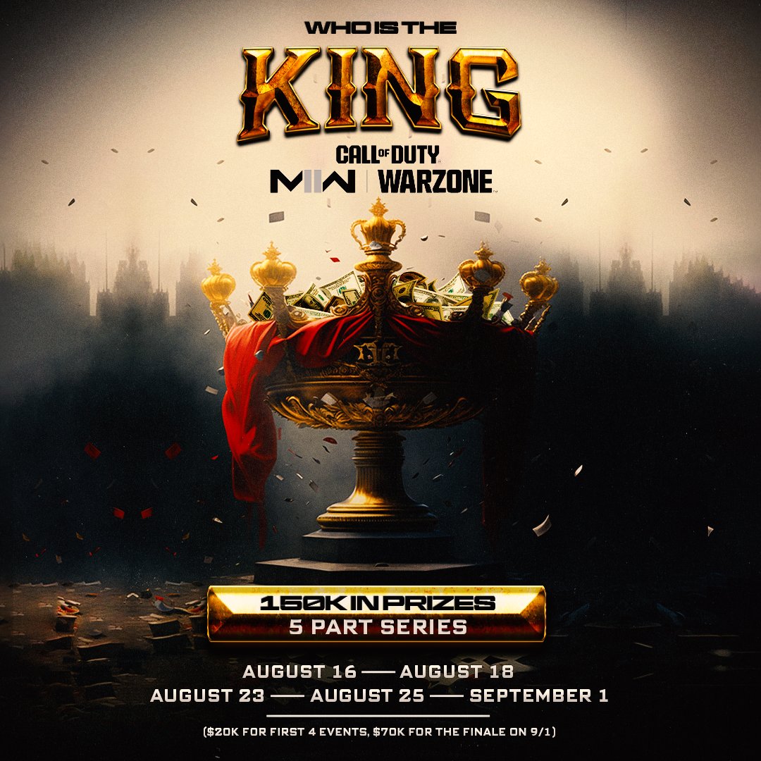 CODLeague's tweet photo. TIME TO CROWN THE KING ๐
โ๏ธ๏ธCDL PROS vs WARZONE CREATORS
โ๏ธ๏ธ5 EVENTS
โ๏ธ๏ธ$150K Prizing
Who will take home the crown? Action kicks off on August 16th at 12PM PT.
https://t.co/VNfw2Es38K https://t.co/73d47oOwlL