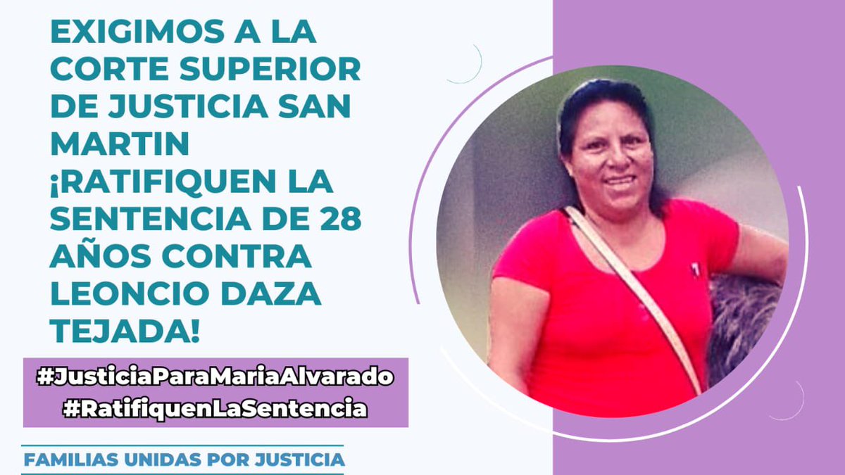 Edson Tapullima (@ego1790) on Twitter photo #JusticiaParaMariaAlvarado
#RatifiquenLaSentencia Justicia queremos para María que se ratifique la sentencia <a href="/FamiliasNi/">Familias Unidas Por Justicia</a> <a href="/Poder_Judicial_/">Poder Judicial Perú</a> <a href="/MimpPeru/">Ministerio de la Mujer y Poblaciones Vulnerables</a> #JusticiaParaMariaAlvarado
#RatifiquenLaSentencia Justicia queremos para María que se ratifique la sentencia <a href="/FamiliasNi/">Familias Unidas Por Justicia</a> <a href="/Poder_Judicial_/">Poder Judicial Perú</a> <a href="/MimpPeru/">Ministerio de la Mujer y Poblaciones Vulnerables</a>