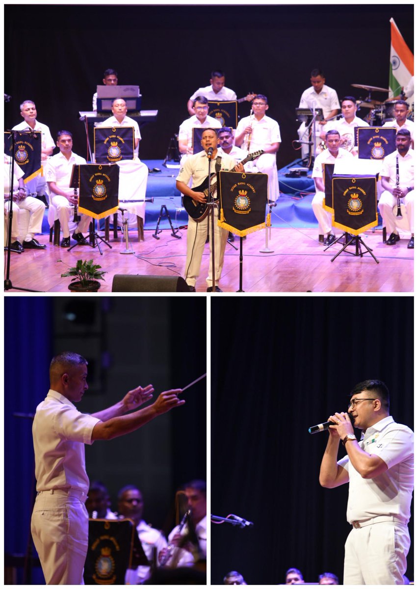 IN_NavalAcademy's tweet photo. #AzadiKaAmritMahotsav 
77th Independence Day celebrations #INA,spectacular Band Concert conducted for #StationEzhimala.
Musical extravaganza showcased modern tunes&amp;soul-stirring patriotic renditions. VAdm Puneet K Bahl #Comdt_INA felicitated talented musicians
#HarGharTiranga 🇮🇳 https://t.co/I1duS6qWLv